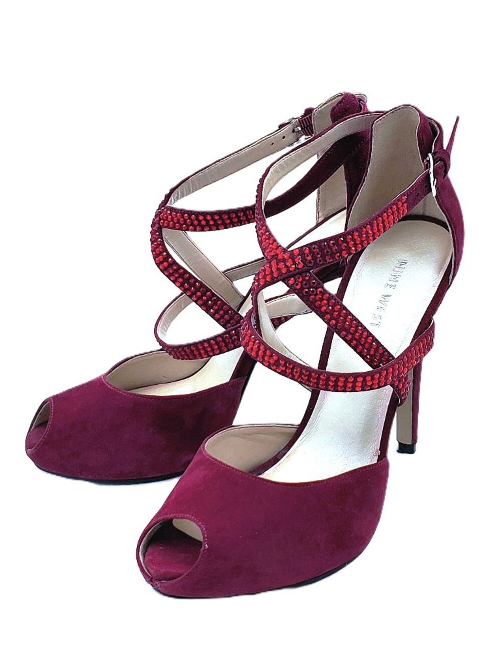 “Nine West” Burgundy Suede Strappy Rhinestone Heels – 4 ½ Inch – Size 7 ½ M